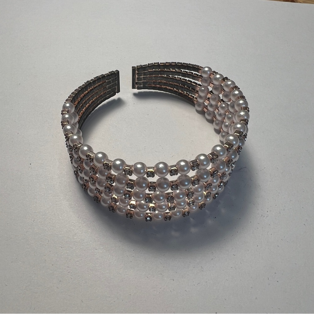 Five Strand Faux Pearl & Rhinestone Wired  Slip On Cuff Bracelet